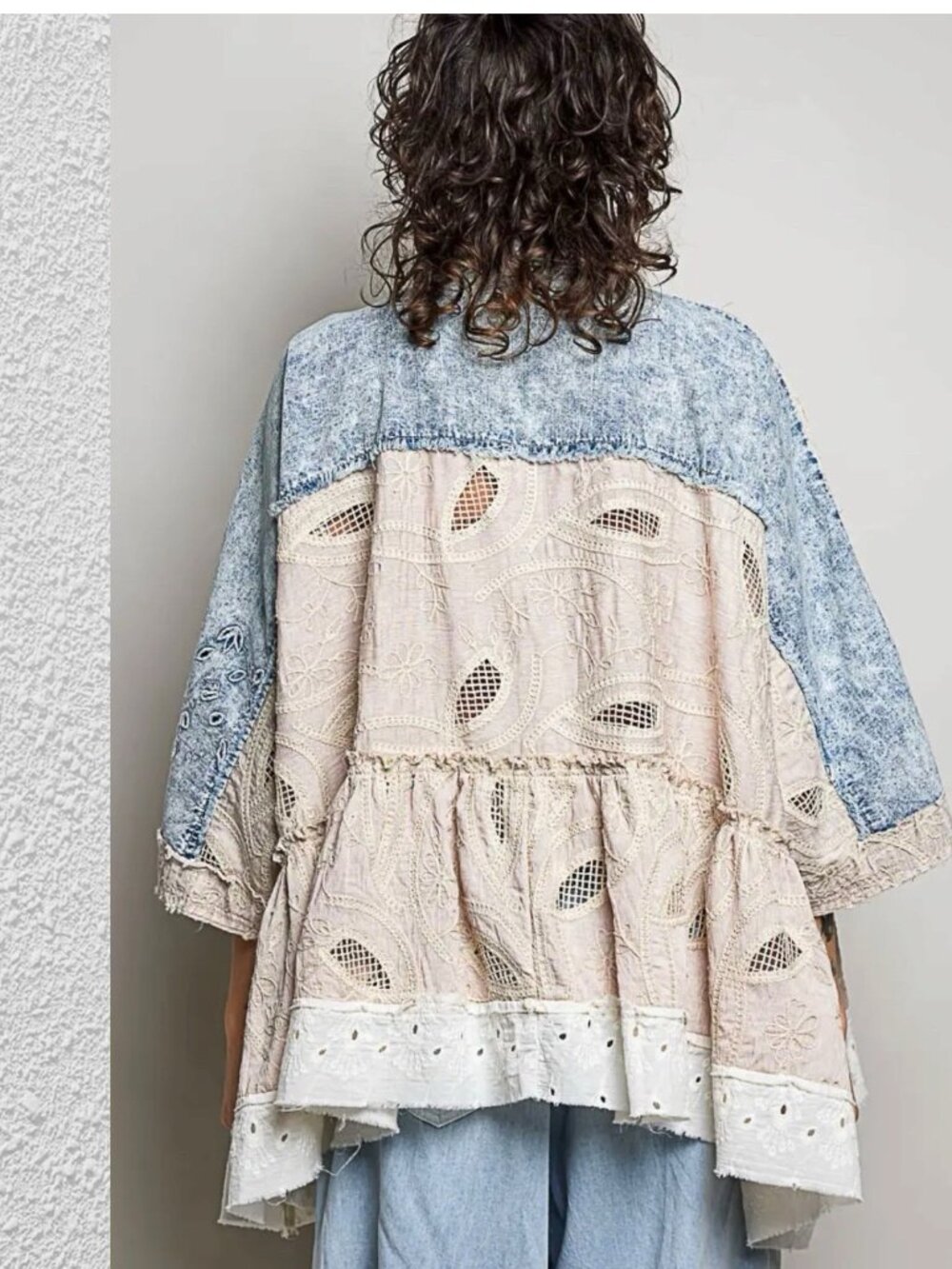 Pol Eyelet Ruffles Embroidered Crochet Patch Denim Jacket Relax Fit Size S M L - Picture 7 of 14